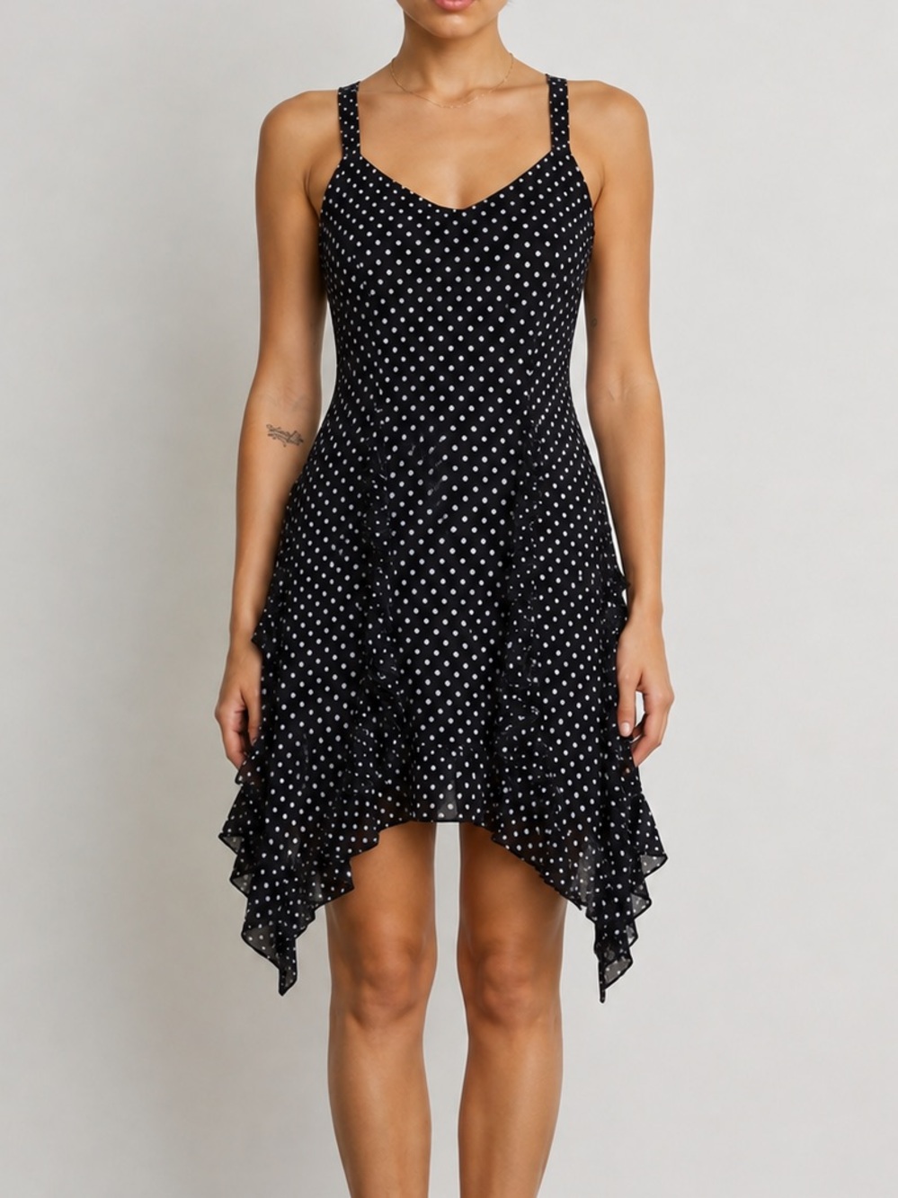 Vintage Joseph Ribkoff Black Polka Dot Ruffle Handkerchief Dress Size 6